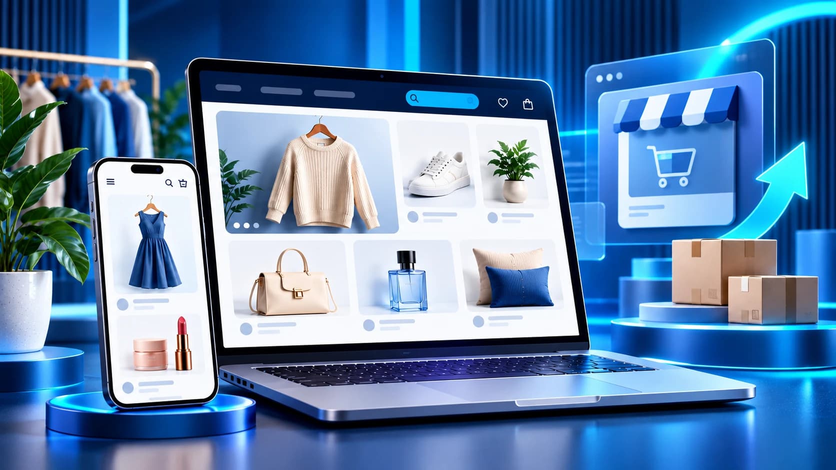 Illustration of creating a free online store with Ballour, showing the storefront on a laptop and smartphone.