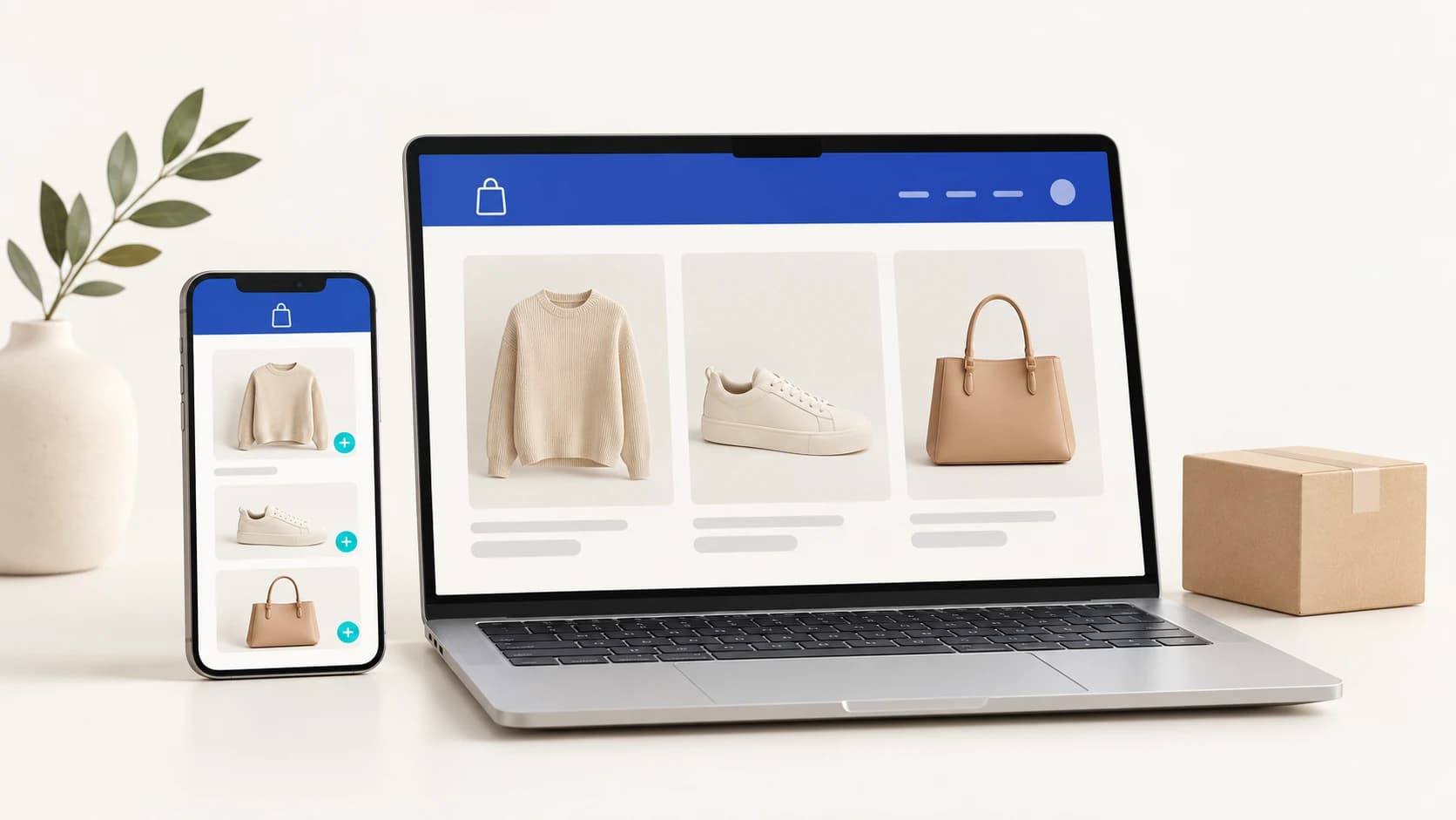 Illustration of creating a free online store with Ballour, showing the storefront on a laptop and smartphone.